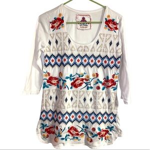 Johnny Was rose embroidered 3/4 sleeve top Small